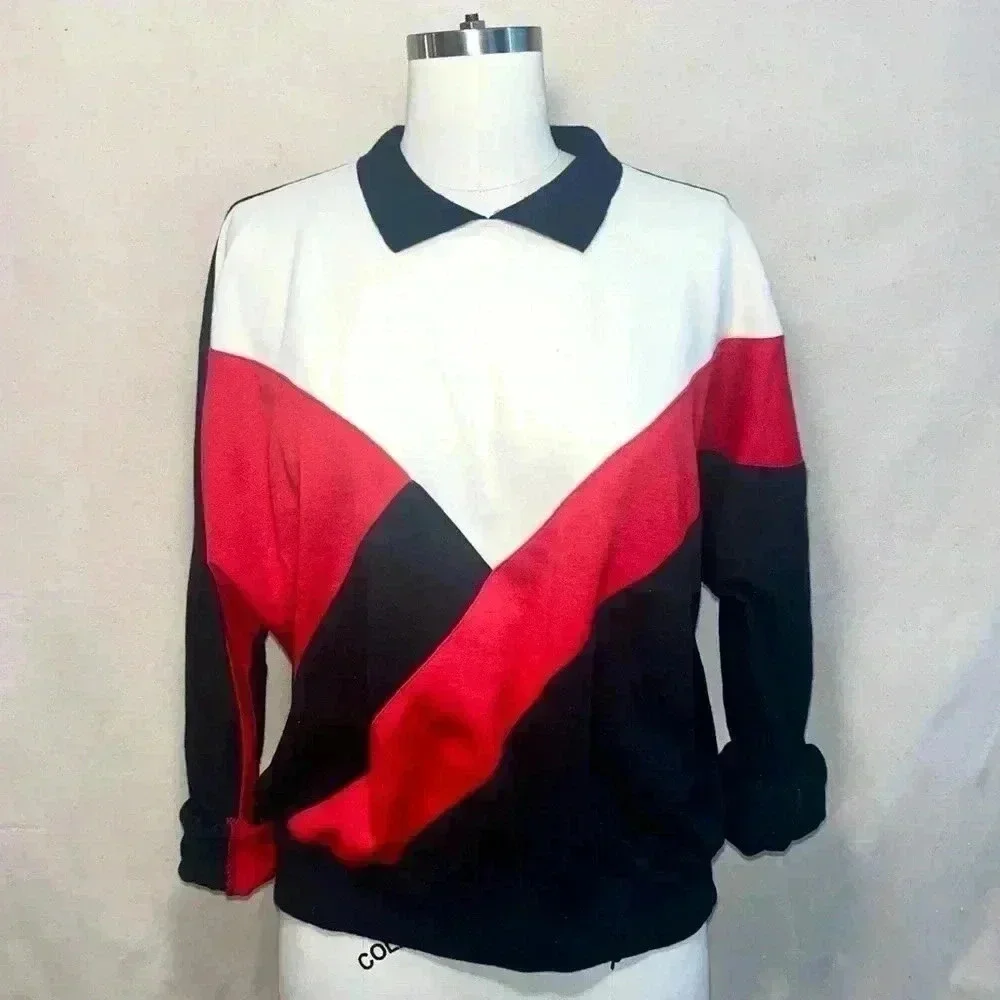 Vintage | Alfred Dunner 80s Colorblocked Pullover - Black & Red & White / Sz L - Picture 3 of 9